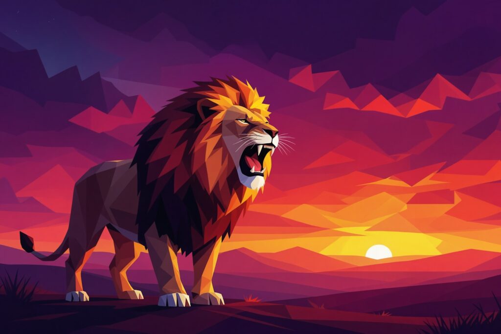 A lion roars at sunset.